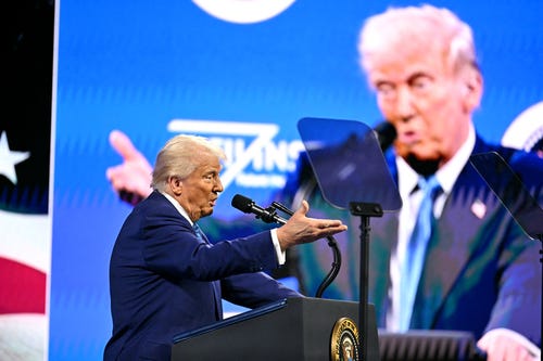 President Donald Trump speaks during the FII PRIORITY Miami 2025 Summit (Future Investment Initiative) at the Faena Hotel & Forum in Miami Beach, Florida, February 19, 2025.