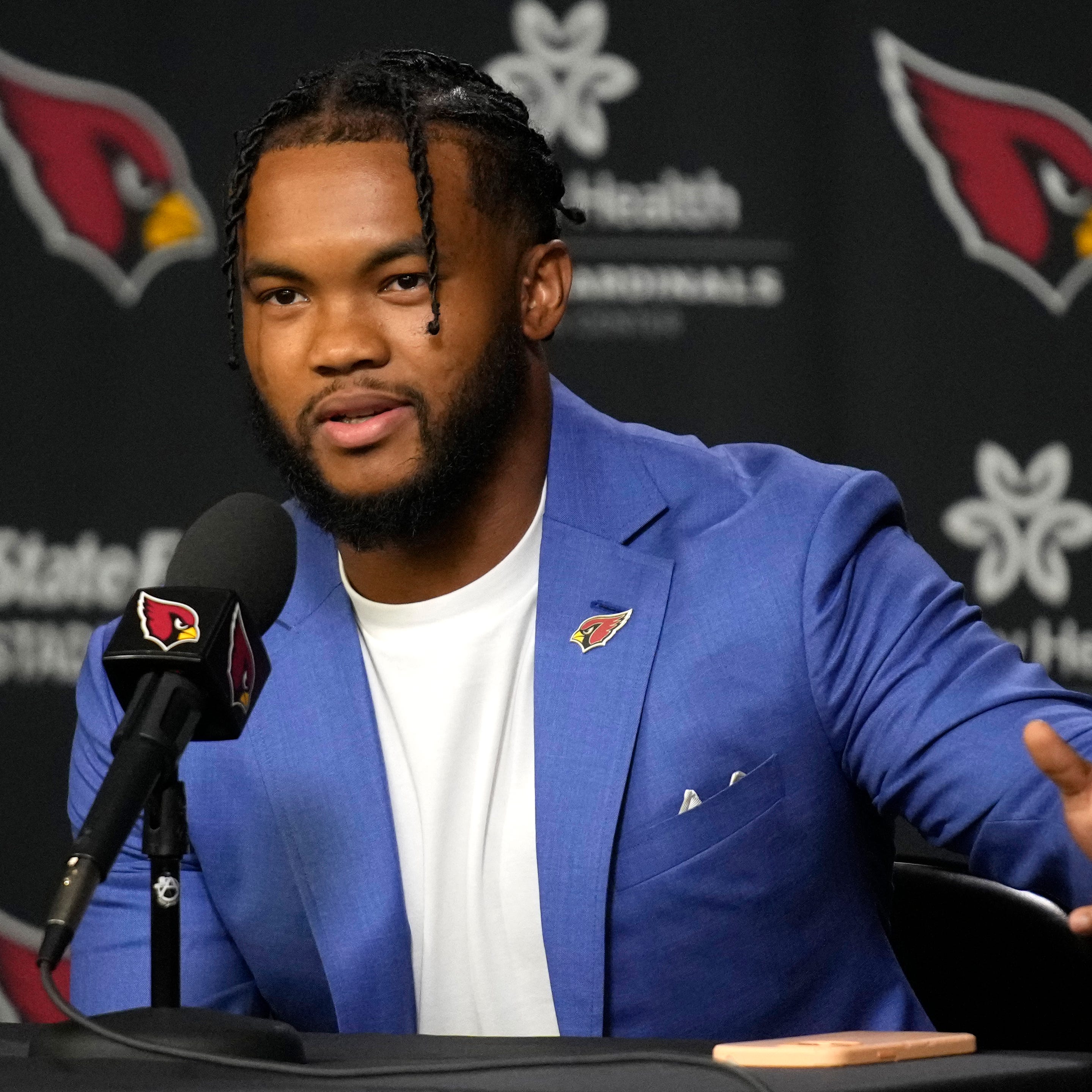 Arizona Cardinals quarterback Kyler Murray addresses the media, Friday, July 22, 2022, in Tempe, Ariz. (AP Photo/Rick Scuteri)