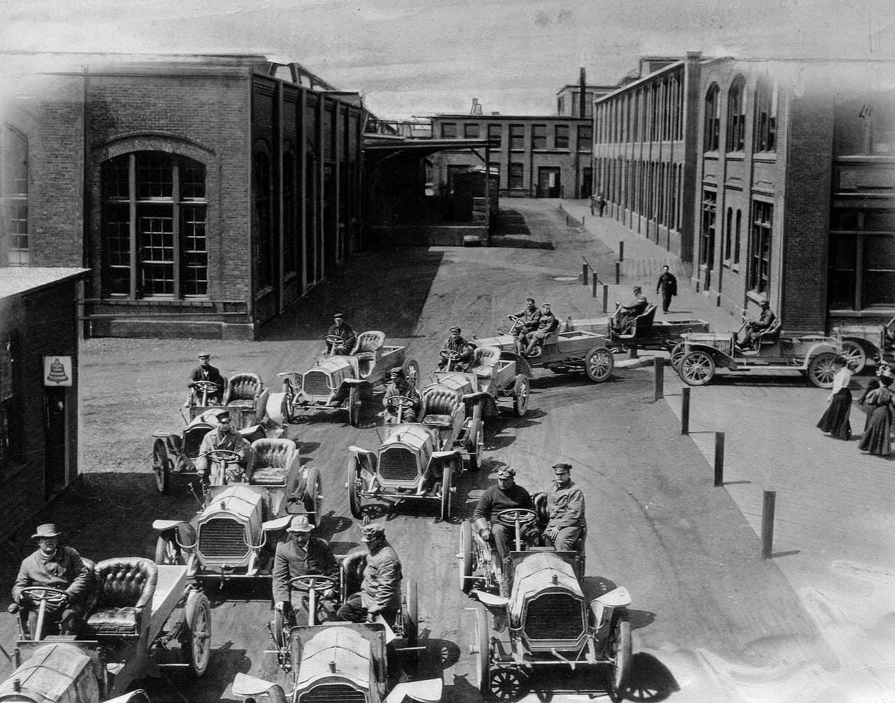 Packard cars go for a road test inside the grounds of the vast Packard plant on East Grand Boulevard in Detroit in 1905. The plant was built in 1903.