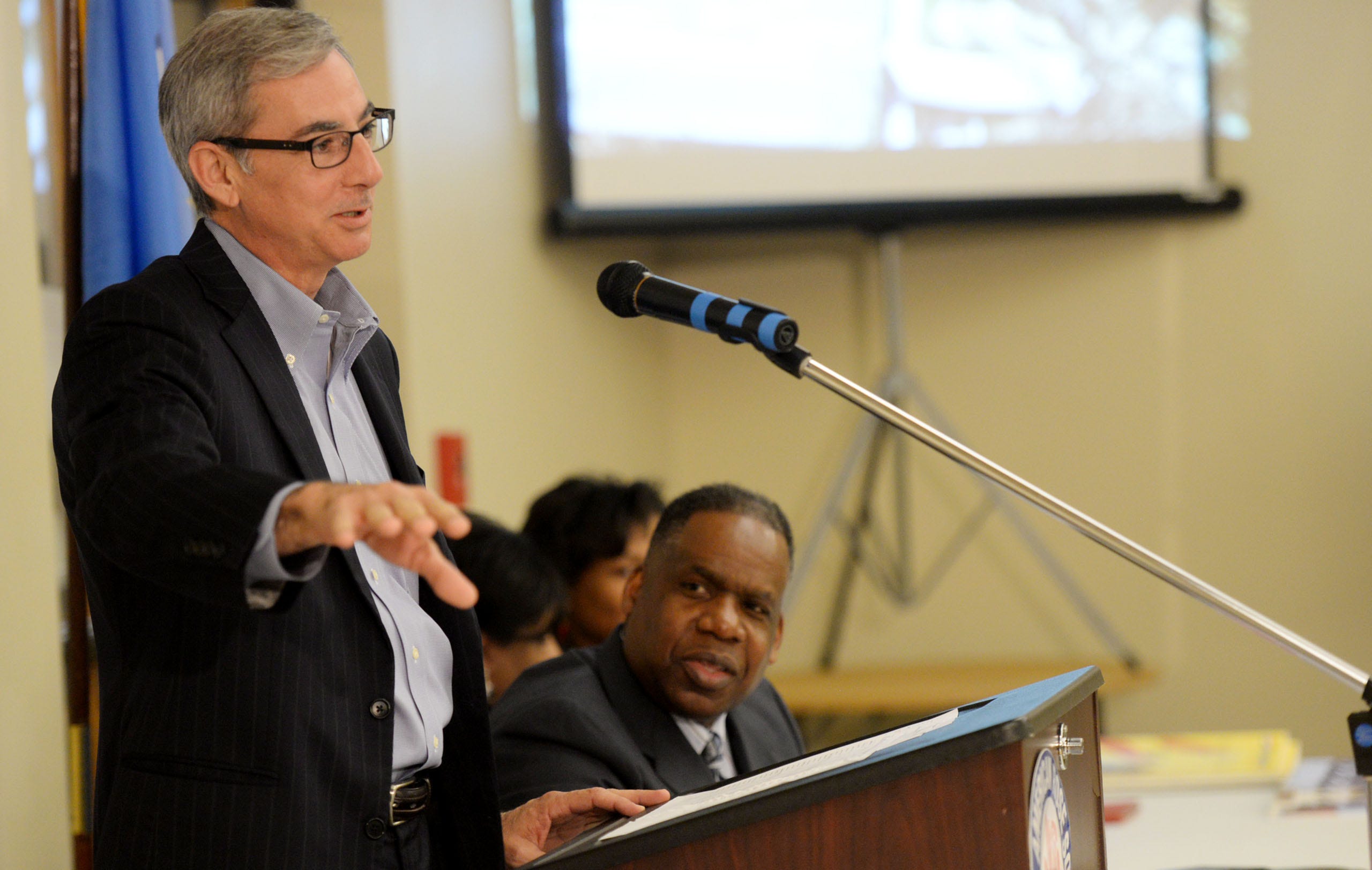 Paul Elio, founder and CEO of Elio Motors Inc., speaks to the crowd during the Caddo Parish Commission District 12 meeting Jan. 15, 2015, in Louisiana.