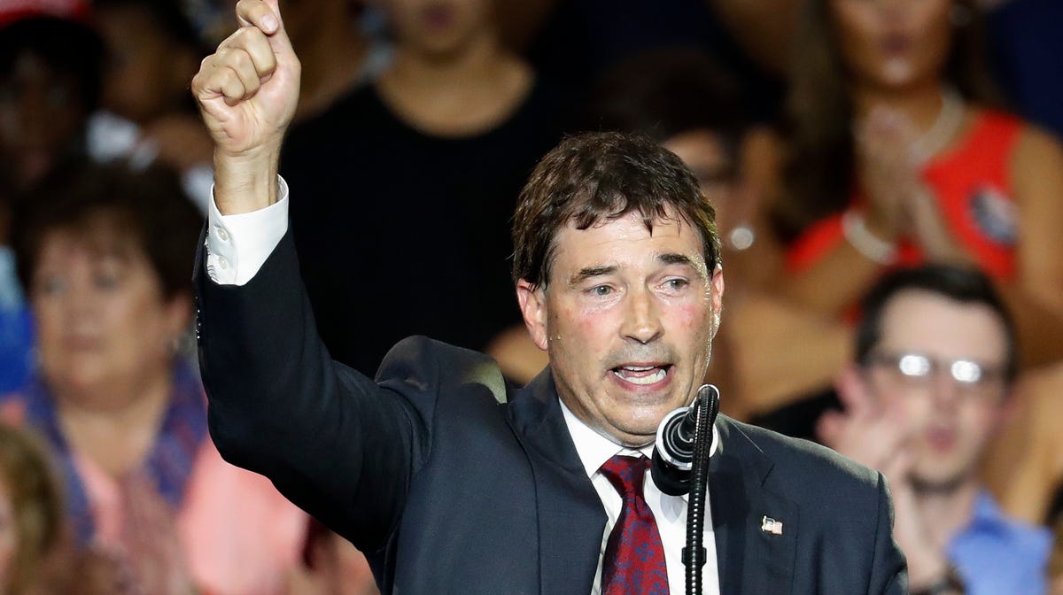 12th Congressional District Republican candidate Troy Balderson speaks during a rally with President Donald Trump, Saturday, Aug. 4, 2018, in Lewis Center, Ohio.