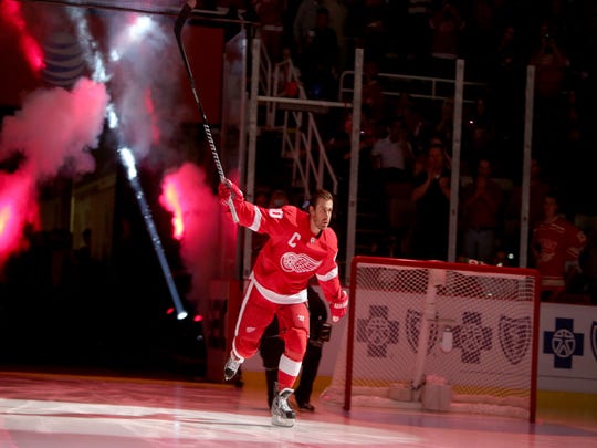 Red Wings forward Henrik Zetterberg is introduced before the opening game against the Buffalo Sabers on Wednesday, October 2, 2013 at the Joe Louis Arena.