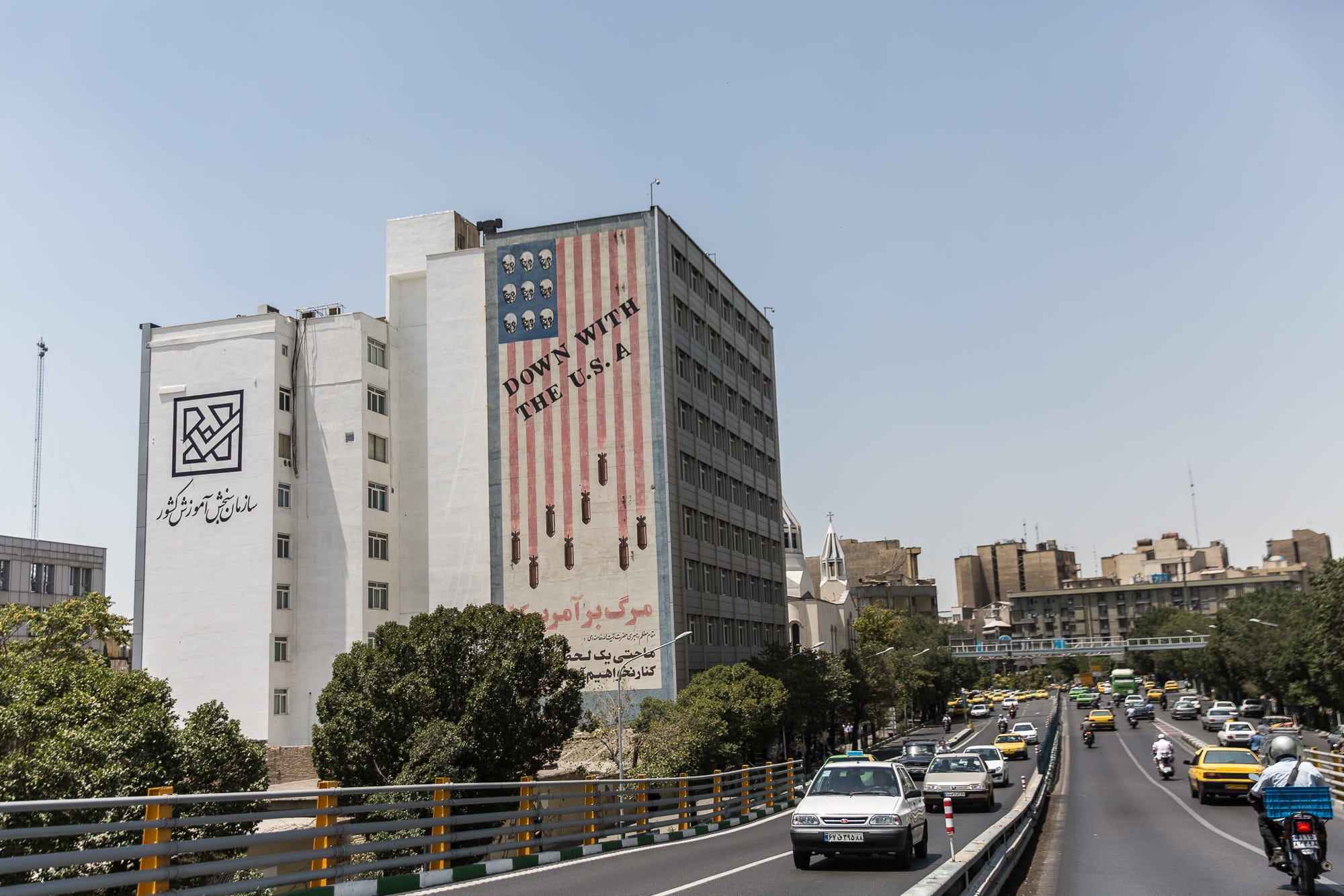 A "Down with the USA" mural dominates central Tehran.