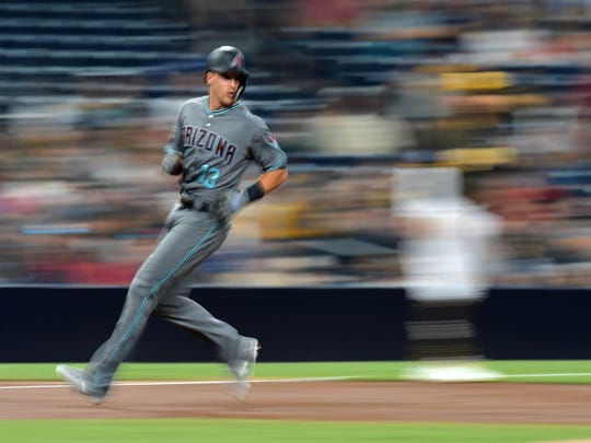 Aug 17, 2018: Arizona Diamondbacks shortstop Nick Ahmed (13) advances to third on a double by second baseman Ketel Marte (not pictured) during the second inning against the San Diego Padres at Petco Park.