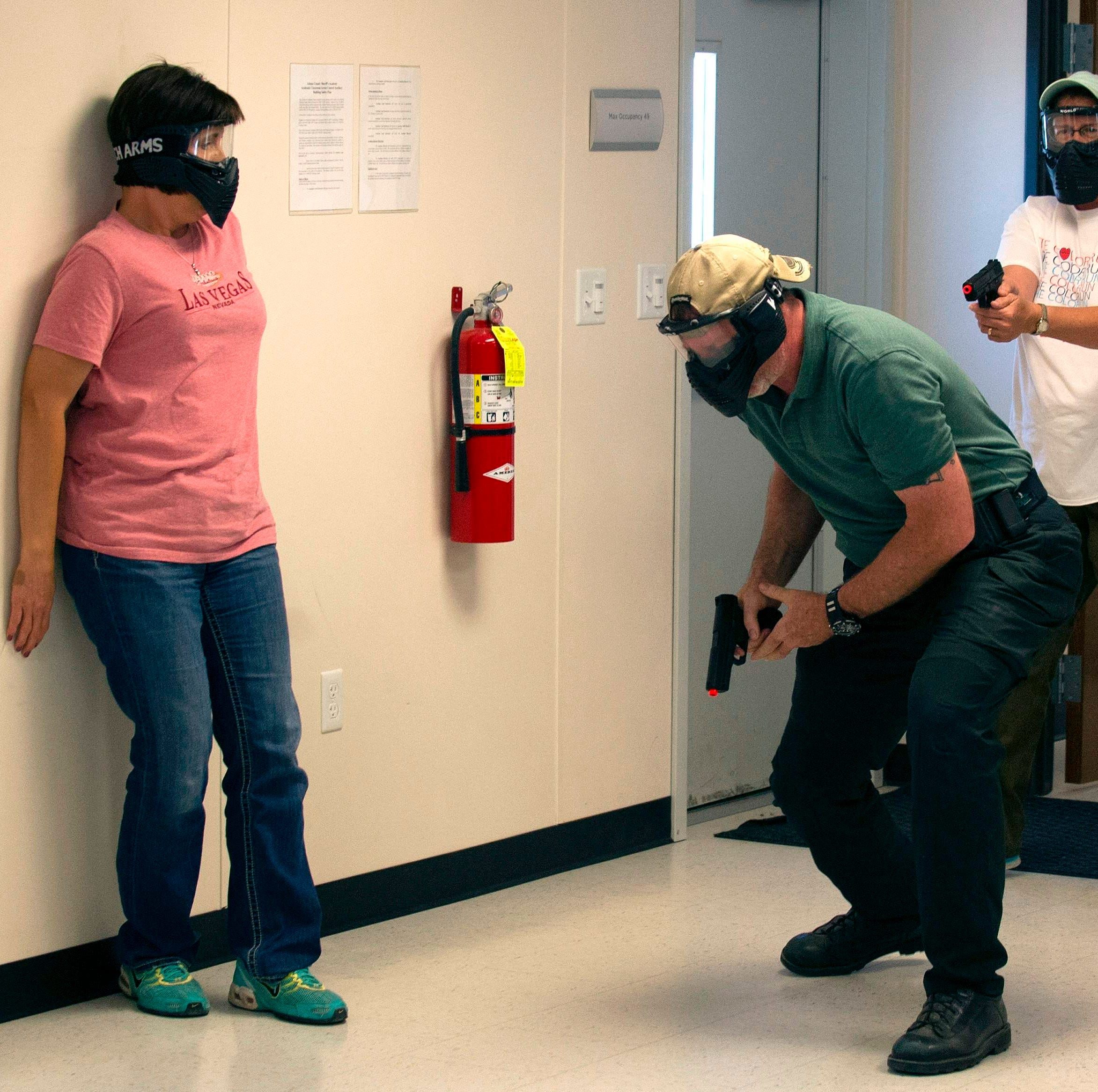 School teachers and administrators participate in an active shooter drill on June 28, 2018, in Commerce City, Colorado.