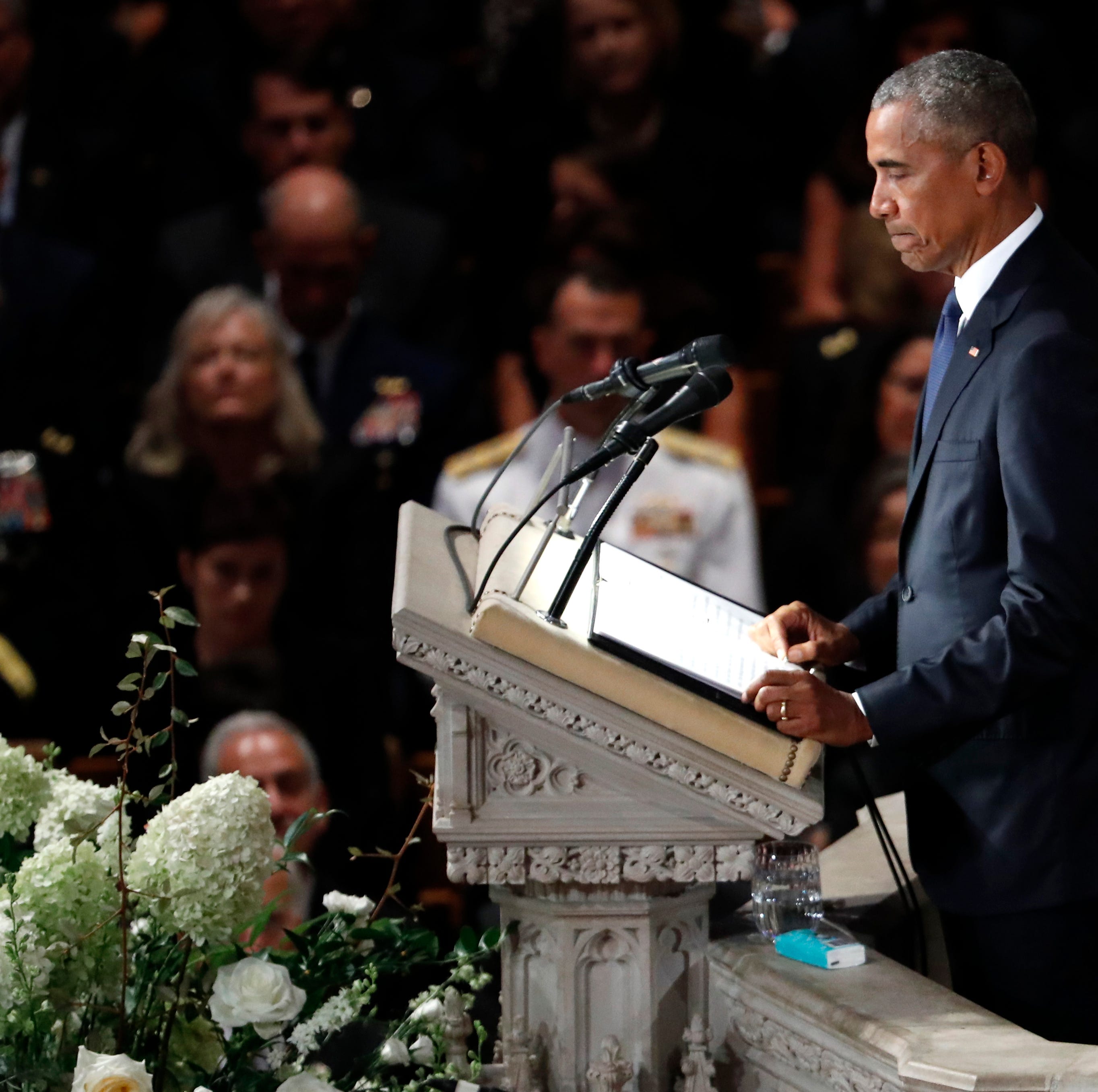 Former President Barack Obama pauses as he speaks at a memorial service for Sen. John McCain, R-Ariz., at Washington National Cathedral in Washington, Saturday, Sept. 1, 2018. McCain died Aug. 25, from brain cancer at age 81. (AP Photo/Pablo Martinez