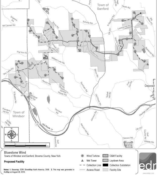 Where proposed wind turbines in eastern Broome County would be located