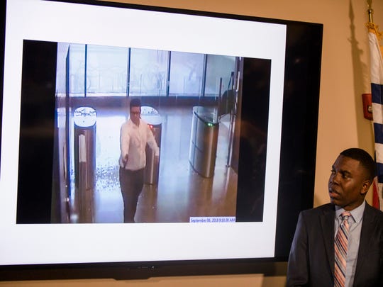 A security video of the deadly shooting of Omar Enrique Santa Perez is presented at a press conference on Friday, September 7, 2018 in Cincinnati.