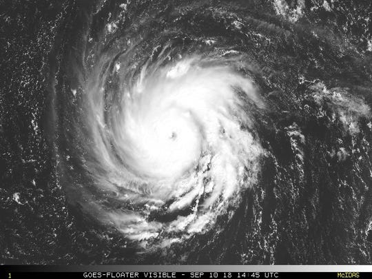 A satellite image shows Hurricane Florence on the Atlantic Ocean on September 10, 2018.