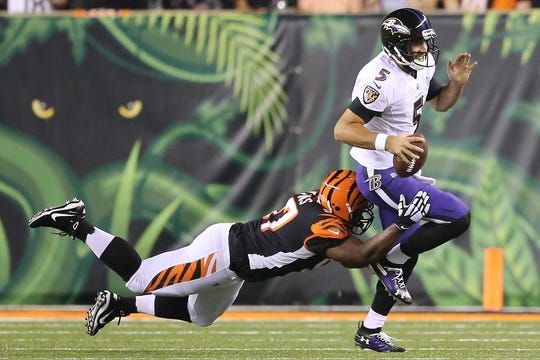 Cincinnati Bengals defensive tackle Geno Atkins (97) sacks Baltimore Ravens quarterback Joe Flacco (5) in the first quarter during the Week 2 NFL football game between the Baltimore Ravens and the Cincinnati Bengals, Thursday, Sept. 13, 2018, Paul Brown Stadium in Cincinnati. 