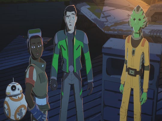 Kaz (center, voiced by Christopher Sean) gets help for the Fireball from BB-8,
Tam Ryvora (Suzie McGrath) and Neeku Vozo (Josh Brener).