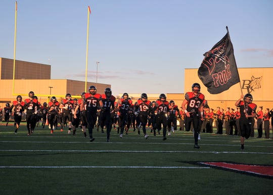 The Brandon Valley football team takes the field prior to the start of a game against Roosevelt on Friday, Sept. 21, in Brandon.