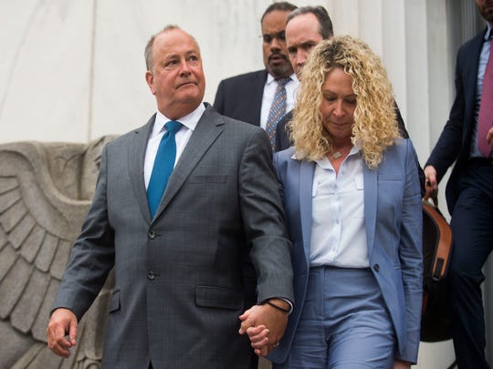 Mark Hazelwood, former president of Pilot Flying J, leaves the federal courthouse with his wife Joanne in Chattanooga on Wednesday, September 26, 2018. US District Judge Curtis Collier fined Hazelwood $ 750,000.