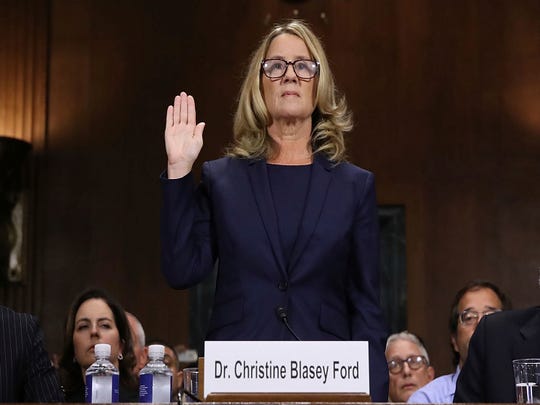 Christine Blasey Ford is sworn before the Senate Judiciary Committee on September 27, 2018.