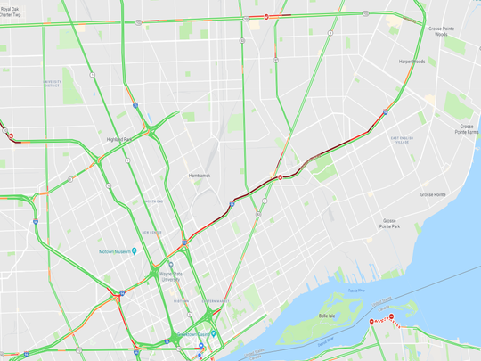 An image of Google Maps shows the remote traffic from I-94 Cadieux to Brush Street.