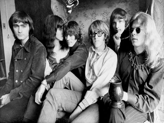Jefferson Airplane in 1968 while they lay in their Pacific Heights apartment in San Francisco. They are, from left to right: Marty Balin, Grace Slick, Spencer Dryden, Paul Kantner, Jorma Kaukonen and Jack Casady.