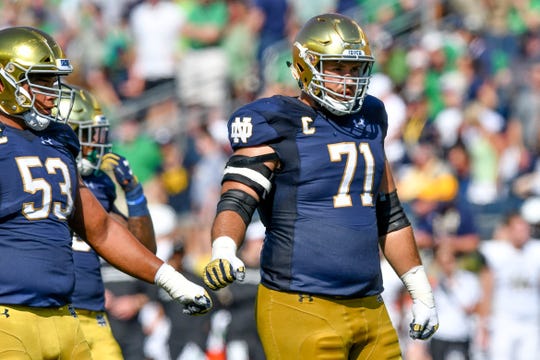 Irish lineman Alex Bars (71) suffered a serious knee injury against Stanford.