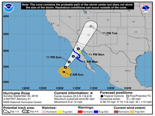 Hurricane Rosa's predicted trajectory through Arizona from the National Weather Service.