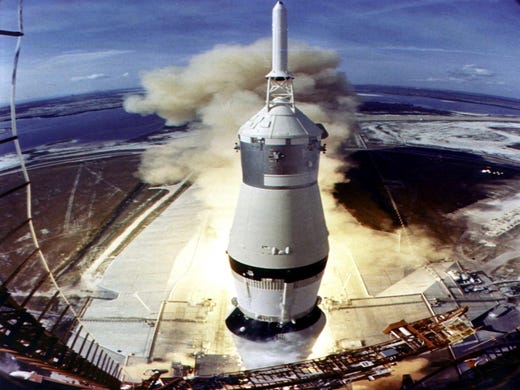 The Saturn V rocket lifts off from launch pad 39A at the Kennedy Space Center on July 16, 1969, at the start of the Apollo 11 lunar landing mission. Astronauts Neil Armstrong, Edwin E. "Buzz" Aldrin, Jr., and Michael Collins blasted off for the first man on the Moon mission.