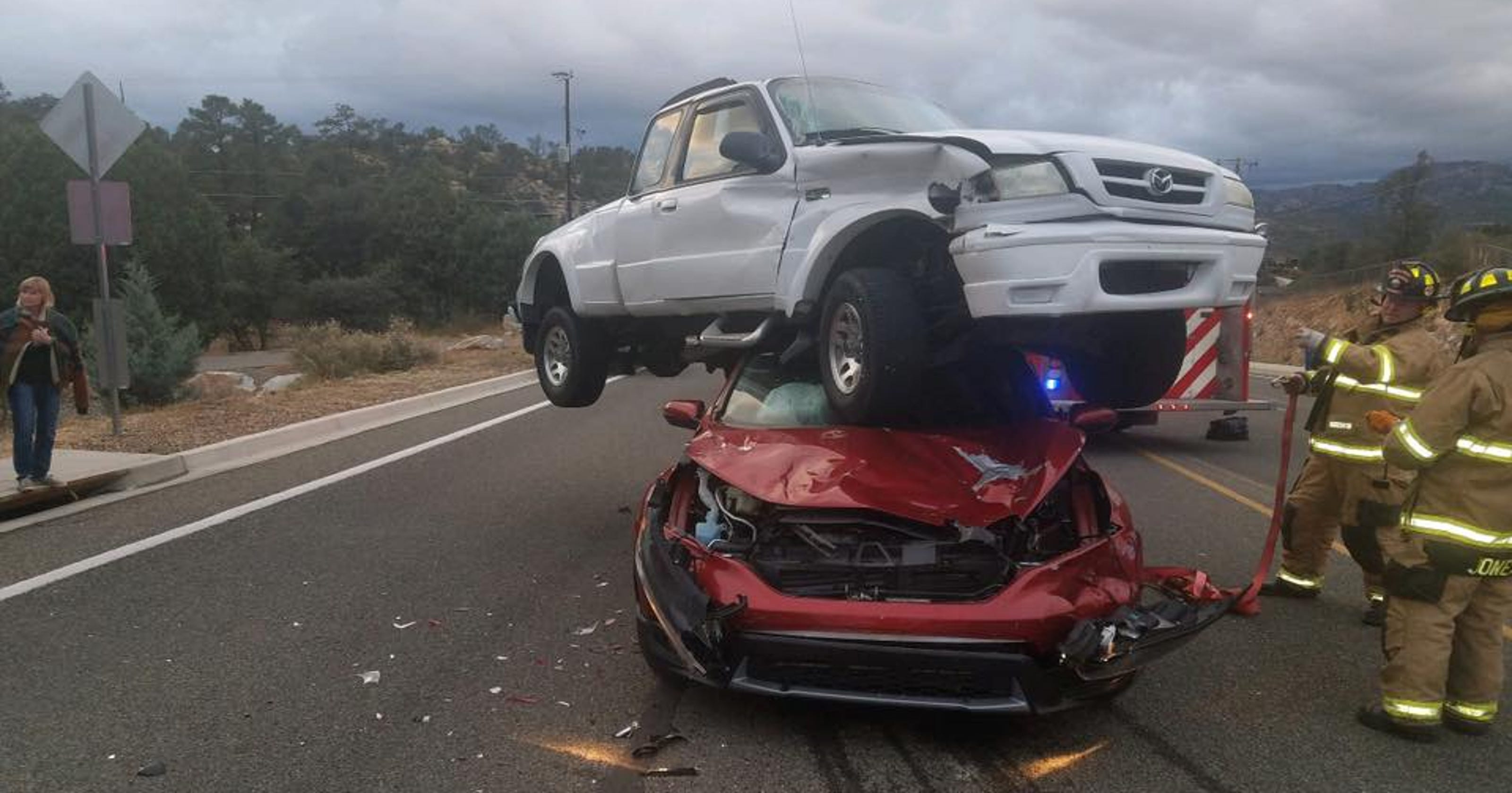 Pickup Truck Lands Atop Car In Remarkable Prescott Arizona Crash 