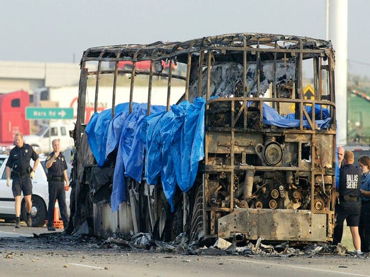 On September 23, 2005, emergency crews investigate the scene. A bus carrying approximately 45 elderly victims of Hurricane Rita in the Houston area caught fire and exploded on Interstate 45 heading north to Wilmer, Texas, south of Dallas.