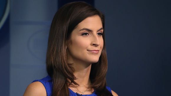 CNN News correspondent Kaitlan Collins reports on the briefing room at the White House on August 2, 2018 in Washington.