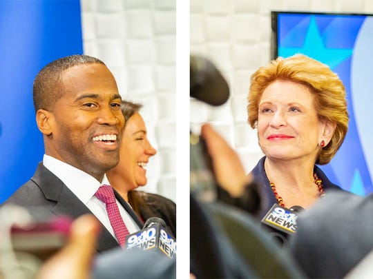 Republican businessman John James and Democratic U.S. Sen. Debbie Stabenow at Grand Valley State University on Sunday, Oct. 14, 2018.