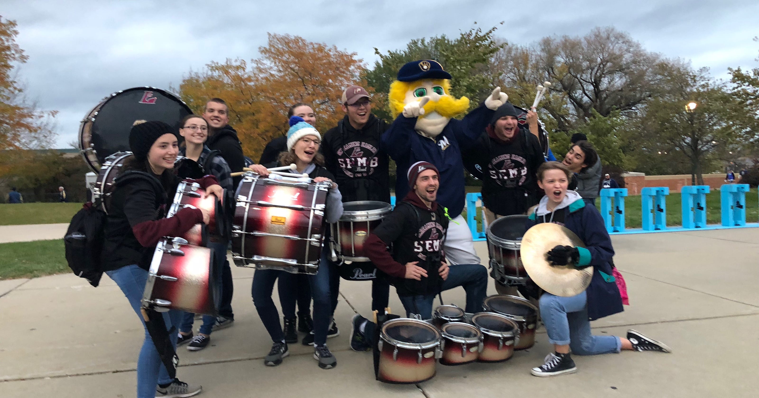 UWLa Crosse marching band pumps up fans outside Miller Park