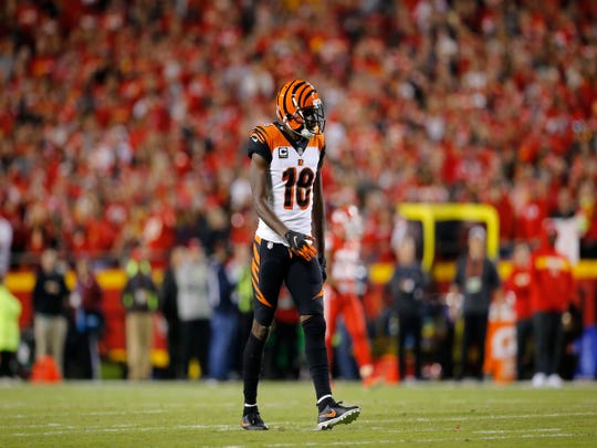 Cincinnati Bengals Wide Receiver AJ Green (18) walks to the line of scrimmage between plays in the NFL Week 7 game between the Kansas City Chiefs and the Cincinnati Bengals at Arrowhead Stadium in Kansas City, Mo., on Tuesday, Oct. 16, 2018.