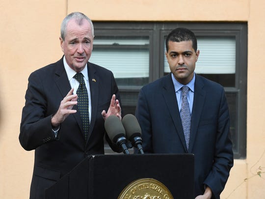 New Jersey Governor Phil Murphy speaks about the adenovirus outbreak during a press conference at The Wanaque Center for Nursing and Rehabilitation on Wednesday, October 24, 2018. New Jersey Department of Health Commissioner Dr. Shereef Elnahal looks on. 