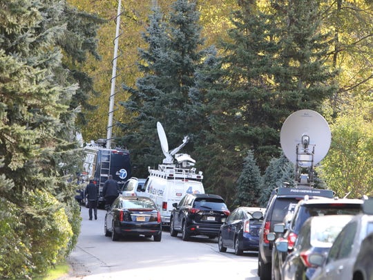 Media are gathered on the street in front of Hillary Clinton's home in Chappaqua, NY, after intercepting an explosive device sent to Hillary Clinton on Wednesday. October 2018.