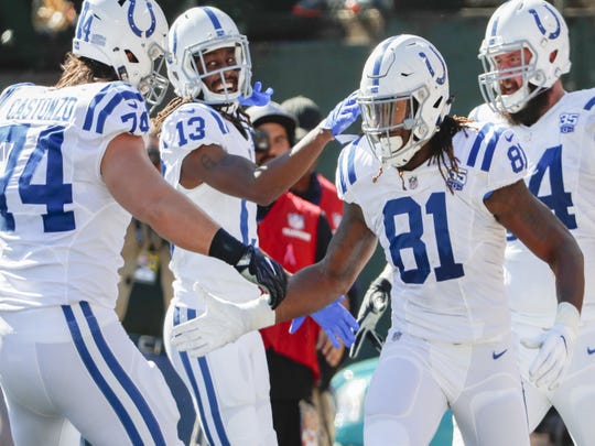 Mo Alie-Cox (81) celebrates his first touchdown in the NFL, a 26-yard touchdown pass.