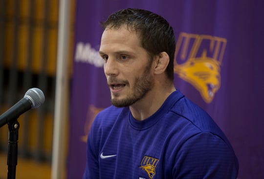 UNI's wrestling head coach Doug Schwab speaks to the media on Wednesday afternoon. 