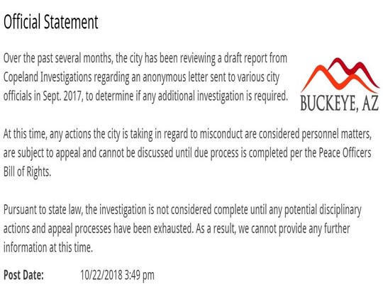 The statement posted on the City of Buckeye's website on Oct. 22, 2018.