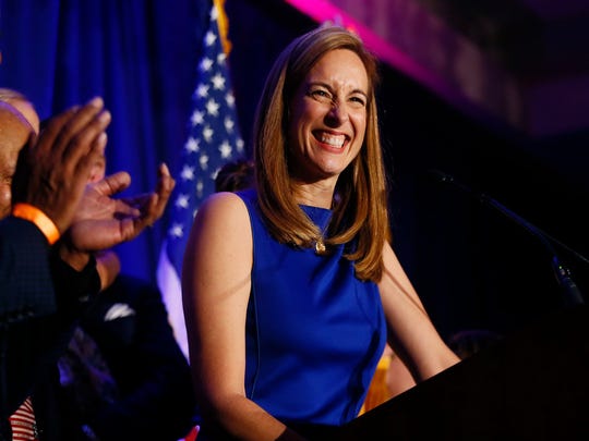 Mikie Sherrill makes her acceptance speech, winning for the Democrats a seat held by Republicans for more than 30 years. Sherrill defeated Republican candidate, state Assemblyman Jay Webber in the 11th District.