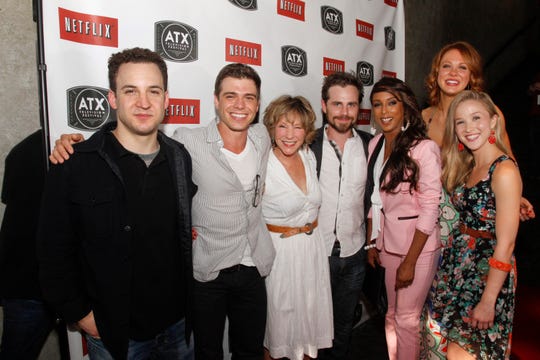 The cast of the the 1990s ABC sitcom "Boy Meets World," including Ben Savage, Matthew Lawrence, Betsy Randle, Rider Strong, Trina McGee, Maitland Ward, and Lily Nicksay, left to right, attend the ATX Television Festival opening night red carpet on Thursday, June 6, 2013, in Austin, Texas.(Jack Plunkett/Invision/AP) ORG XMIT: TXJP302