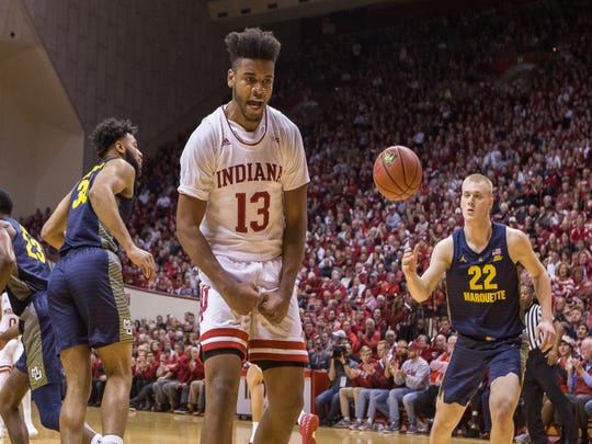 Nov 14, 2018;  Indiana Hoosiers forward Juwan Morgan (13) reacts after a made basket in the first half against the Marquette Golden Eagles at Assembly Hall.