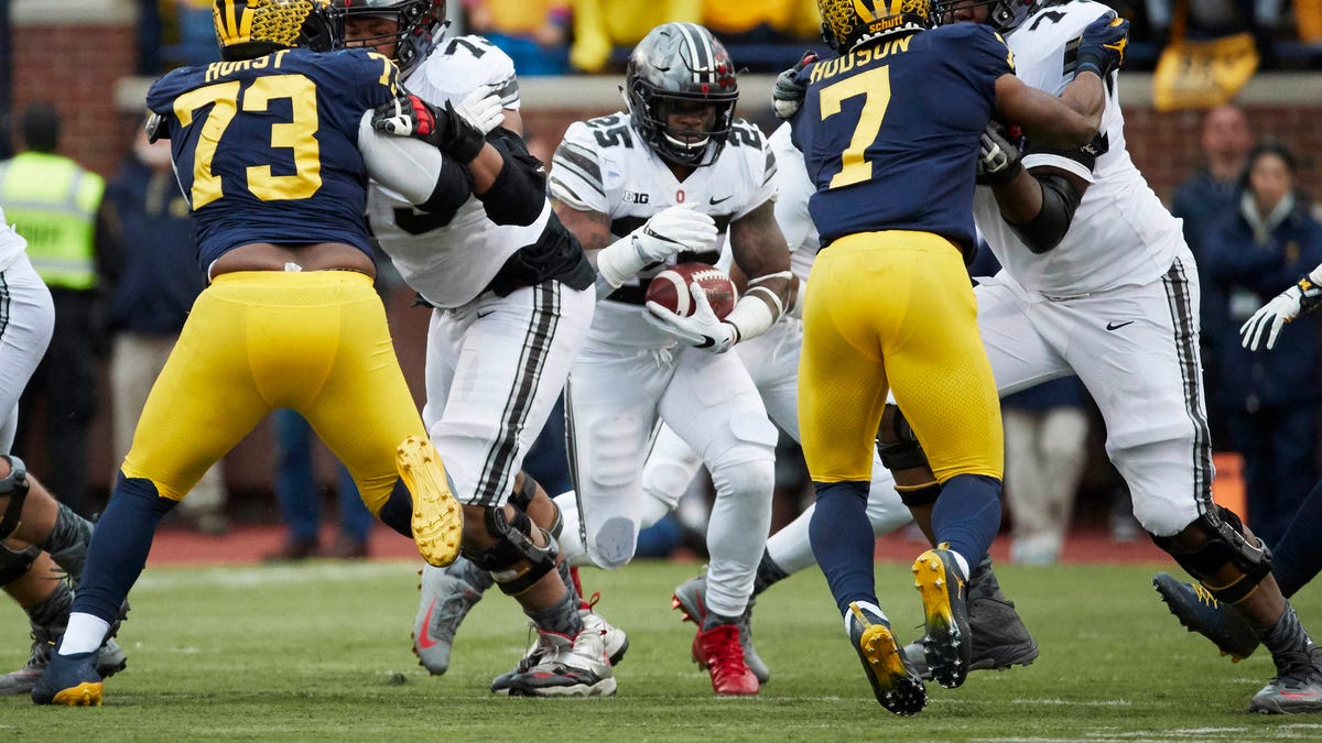 Ohio State running back Mike Weber finds running room against Michigan during the second half of their game in 2017.