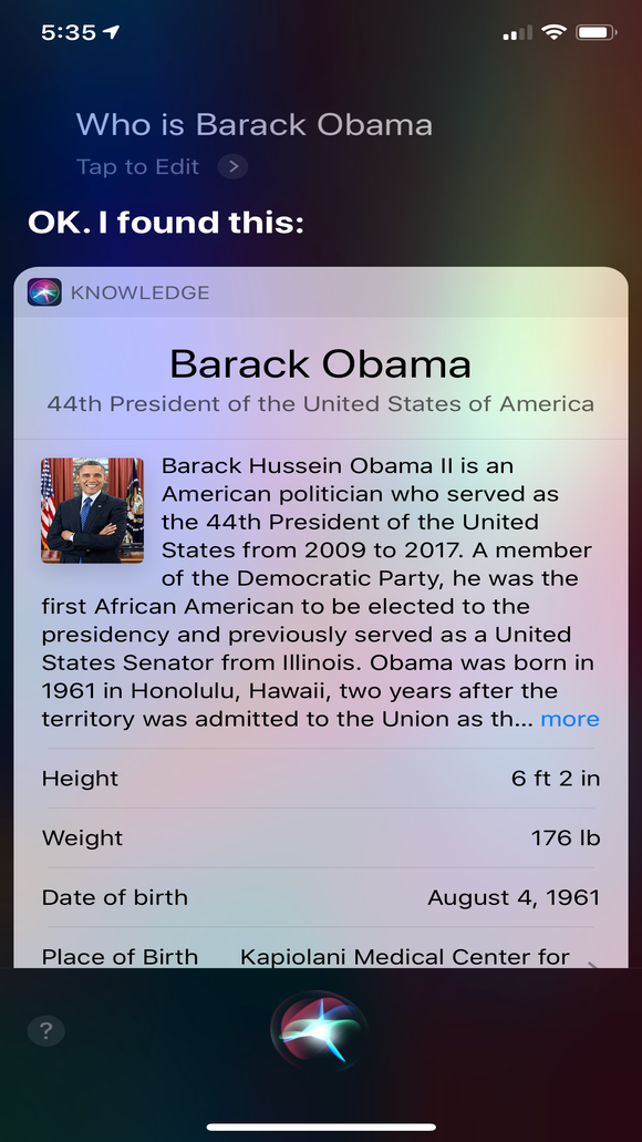 Siri returns an appropriate page when asked questions about former President Barack Obama.