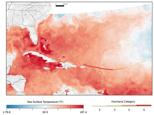 Two factors contributed to the strength of Hurricane Irma when it reached the Southeast region: the very warm waters it crossed, illustrated in this figure, and the light winds that Irma encountered in the upper atmosphere. High intensity hurricanes such as Irma are expected to become more frequent in the future due to climate change.