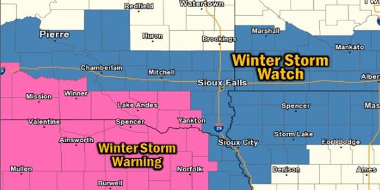 Winter storm warning issued for parts of southern South Dakota