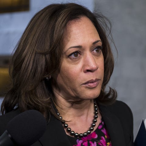 Sen. Kamala Harris, D-Calif., speaks to reporters...