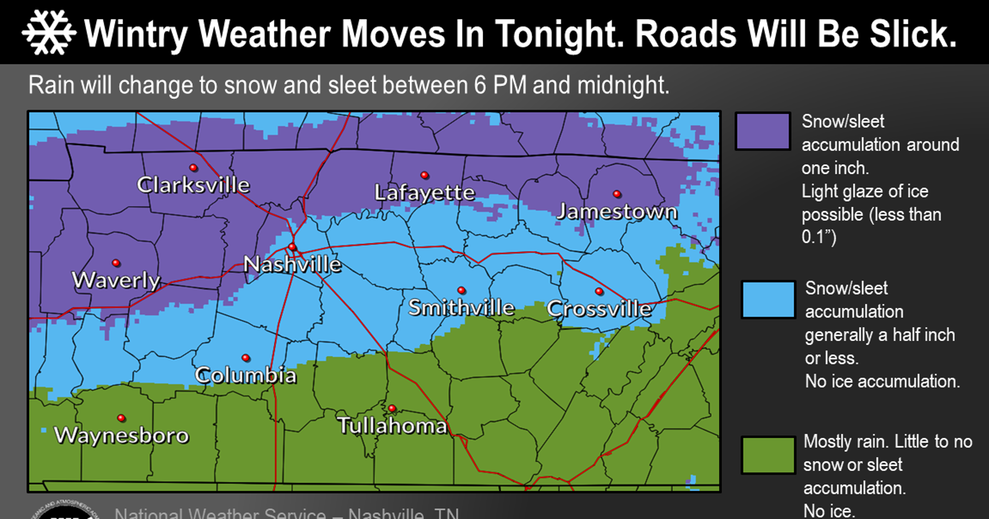 Winter weather advisory for Nashville Mixed precipitation through Sunday