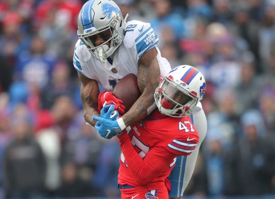 Lions wide receiver Kenny Golladay catches a reception as Bills defensive back Levi Wallace defends Sunday, Dec. 16, 2018, in Orchard Park, N.Y.