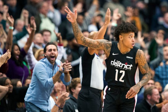 Wizards forward Kelly Oubre Jr. reacts after hitting a three-pointer against the Celtics during a game Dec. 12 at Capital One Arena.