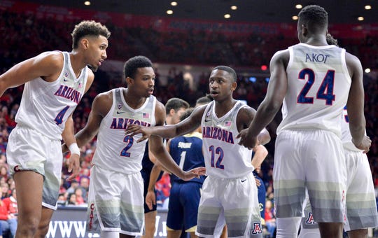 Arizona Wildcats center Chase Jeter (4) (left) guard Brandon Williams (2) guard Justin Coleman (12) and guard Emmanuel Akot (24) (right) huddle during the first half against the UC Davis Aggies at McKale Center Dec. 22, 2018. Casey Sapio-USA TODAY Sports