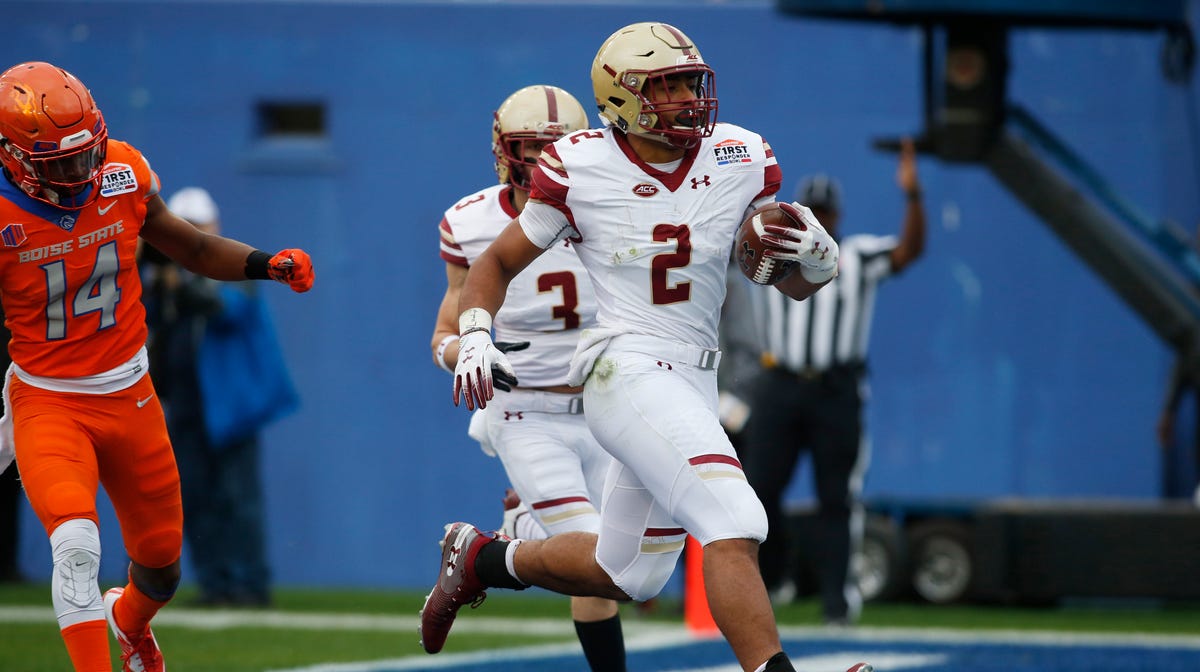 Boston College running back A.J. Dillon  scores the SERVPRO First Responder Bowl's only touchdown in the first quarter. The game was called due to lightning.