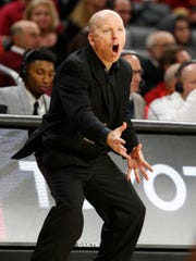 Cincinnati Bearcats head coach Mick Cronin shouts during the second half of a basketball game against Connecticut Saturday, Jan. 12, 2019 in Cincinnati. Cincinnati won 74-72 in overtime. (Photo by Gary Landers for the Enquirer)