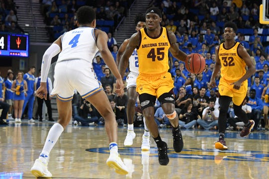 Jan 24, 2019; Los Angeles, CA, USA; Arizona State Sun Devils forward Zylan Cheatham (45) brings the ball up court against UCLA Bruins guard Jaylen Hands (4) during the first half at Pauley Pavilion. Mandatory Credit: Richard Mackson-USA TODAY Sports