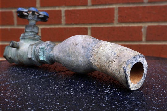 A lead pipe. About 5 percent of Suez's service lines -- the pipe from the water main to the property line -- contain lead. About 15 percent of the company's pipe system has lead "goosenecks" -- a short piece of flexible piping that connects a water main to a service line.